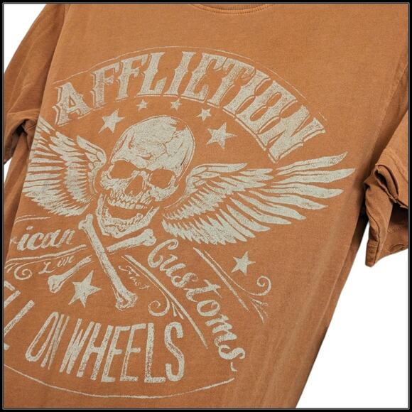 AFFLICTION American Customs Hell on Wheels Winged Skull T-Shirt Orange Men's S - Picture 4 of 7